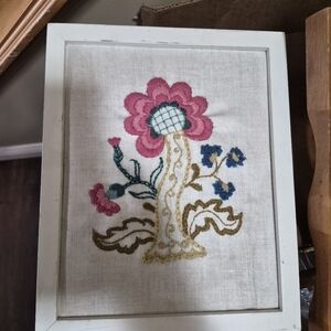 Vintage Floral Embroidered Crewel Wall Art 8x10
